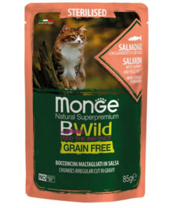 Monge BWILD konserv täiskasvanud steriliseeritud kassidele, lõhe, krevettide ja köögiviljaga 85 g